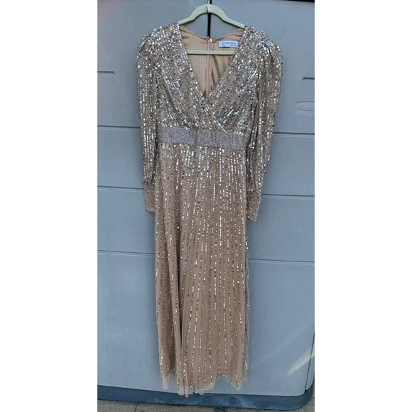 NEW Mac Duggal Vanilla Silver Wrap Bodice Long Bishop Sleeve Gown Size 10 $598